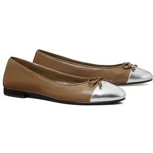 ✨ NEW Tory Burch Cap-Toe Ballet Flats – Tan & Silver – Size 7.5 ($248)
